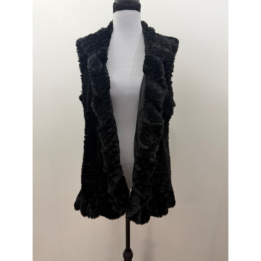 Multiples Black Faux Fur Ruffle Trim Open Front Vest Medium Sleeveless Jacket